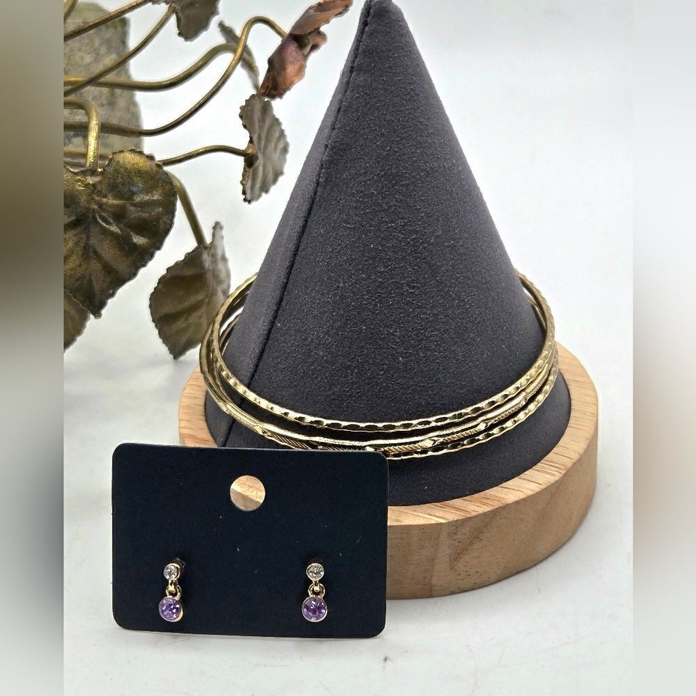 "5/$40" Goldtone Purple Earrings And 3 Bangle Bracelets Jewelry Set